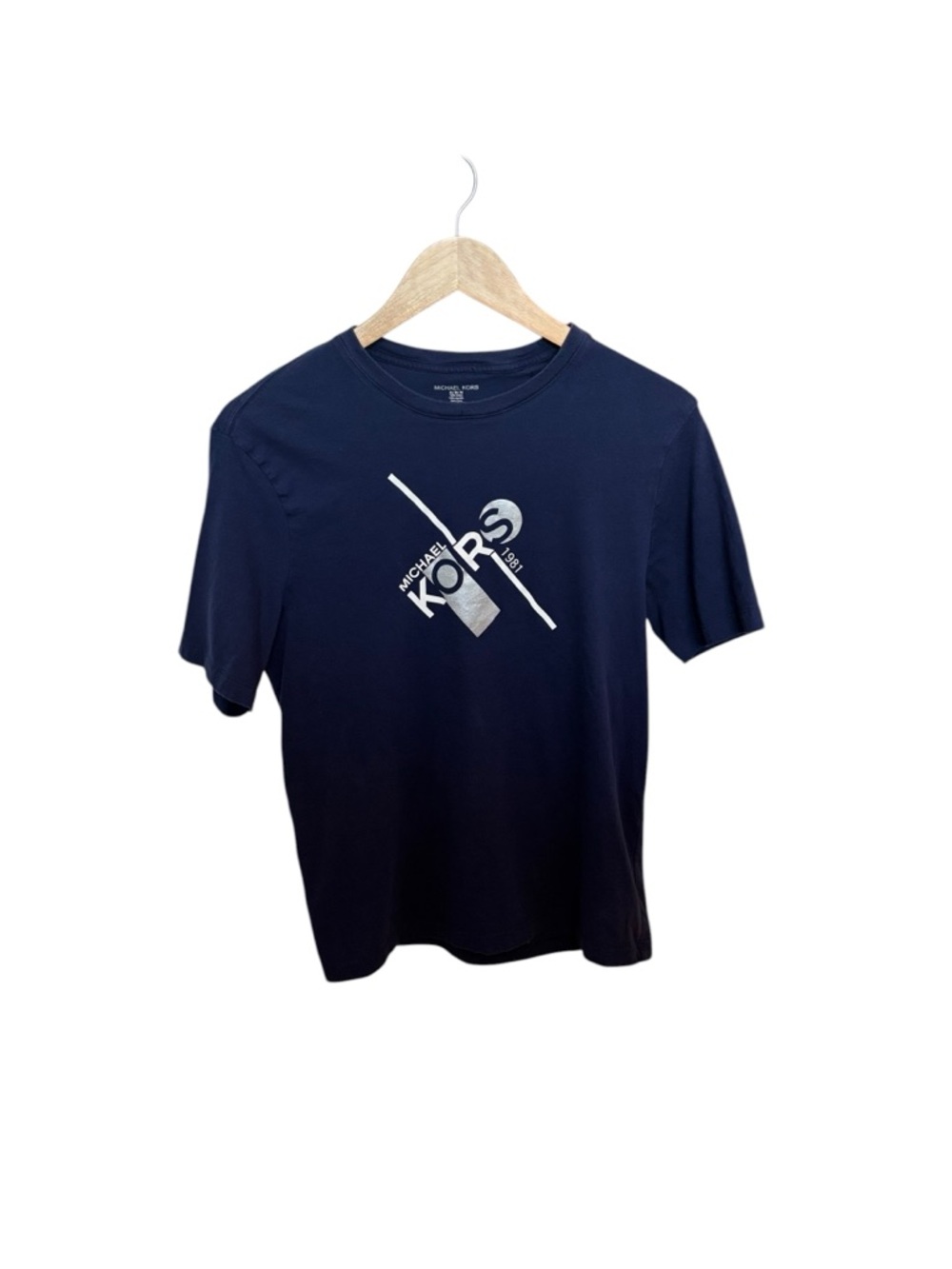 Women’s Michael Kors Navy Short-Sleeve Logo Tee with Silver Graphic
